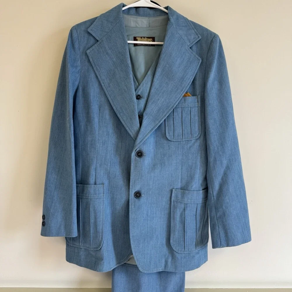 Tobias LA Men's VTG 70s Light Blue Denim Look Leisure Suit Three Piece Size 42 - Picture 2 of 16